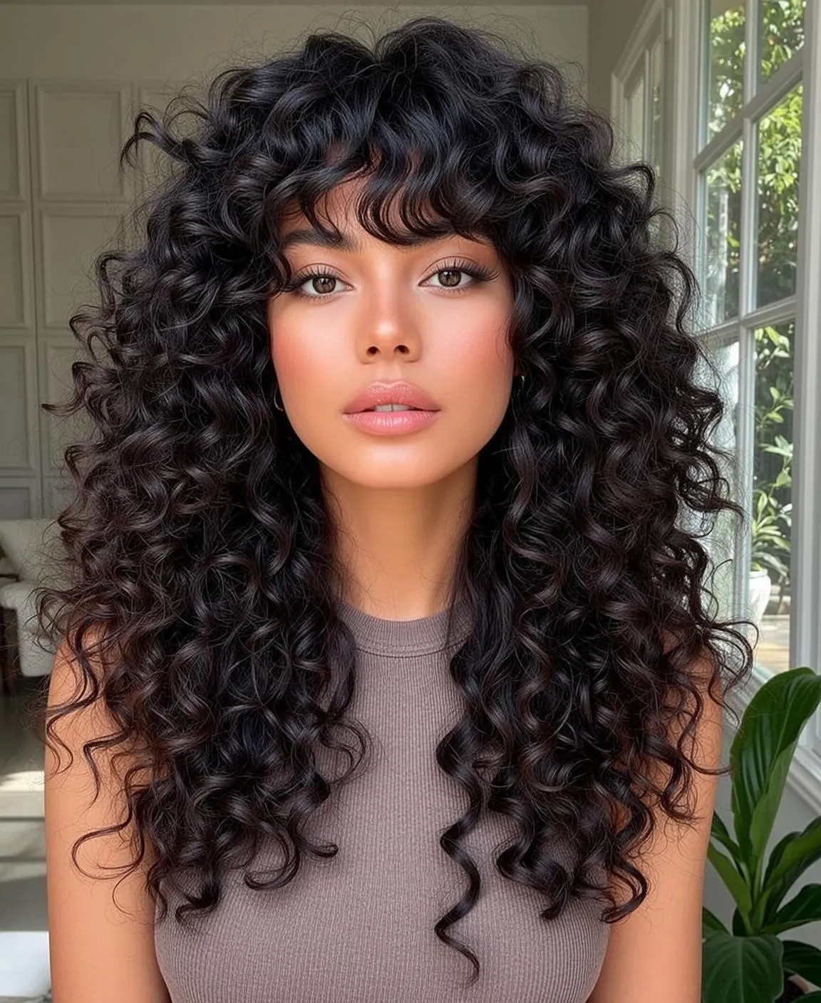 Hair Salon Young Long Dark Curly Bangs
