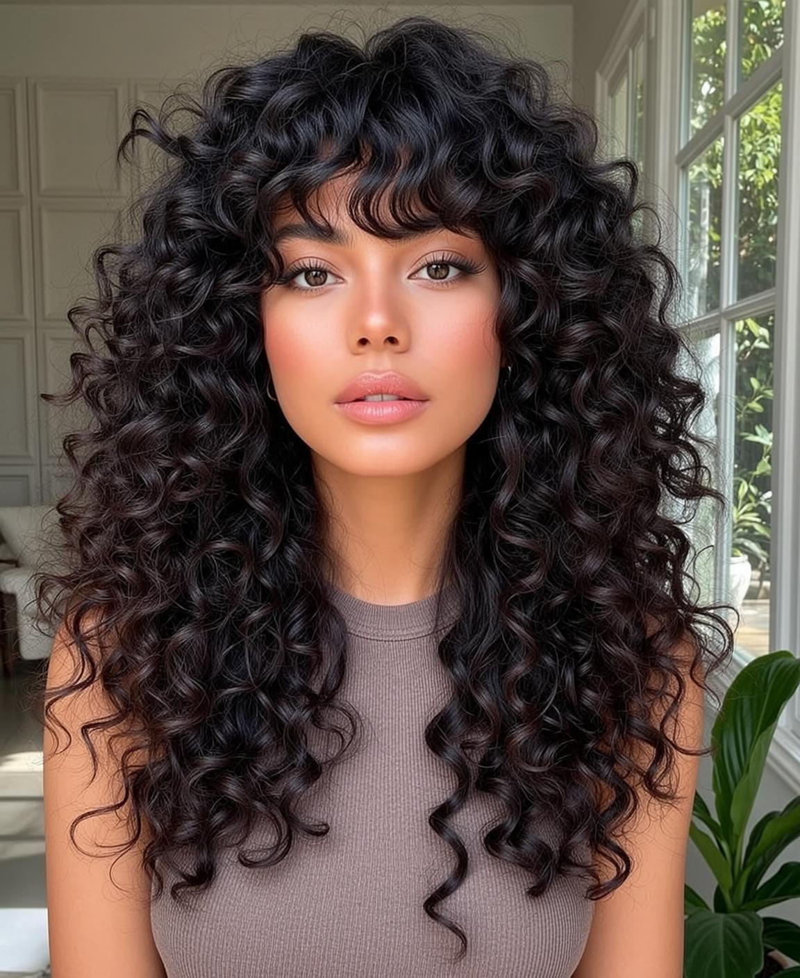 Hair Salon Young Long Dark Curly Bangs