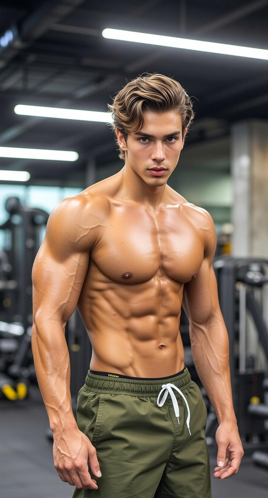 Muscular Young Medium Length Wavy Brown Hair
