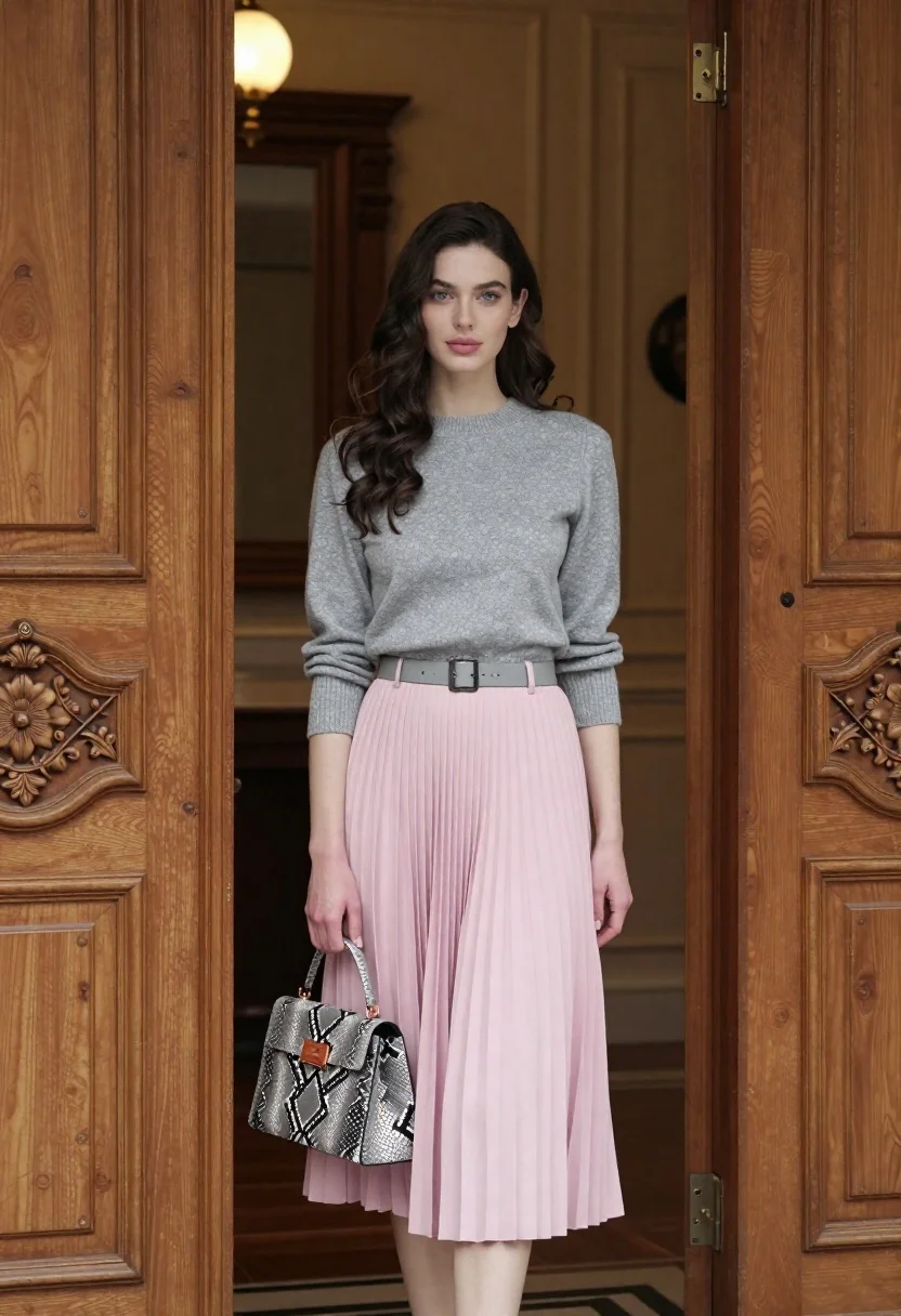A full-length portrait of a young woman standing elegantly in a doorway, with soft warm light highlighting her features.