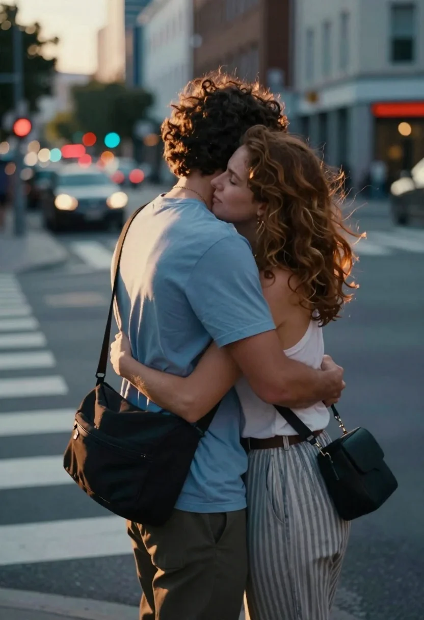 Cinematic Medium Shot Couple Embracing City Street Subject Man With reference photo