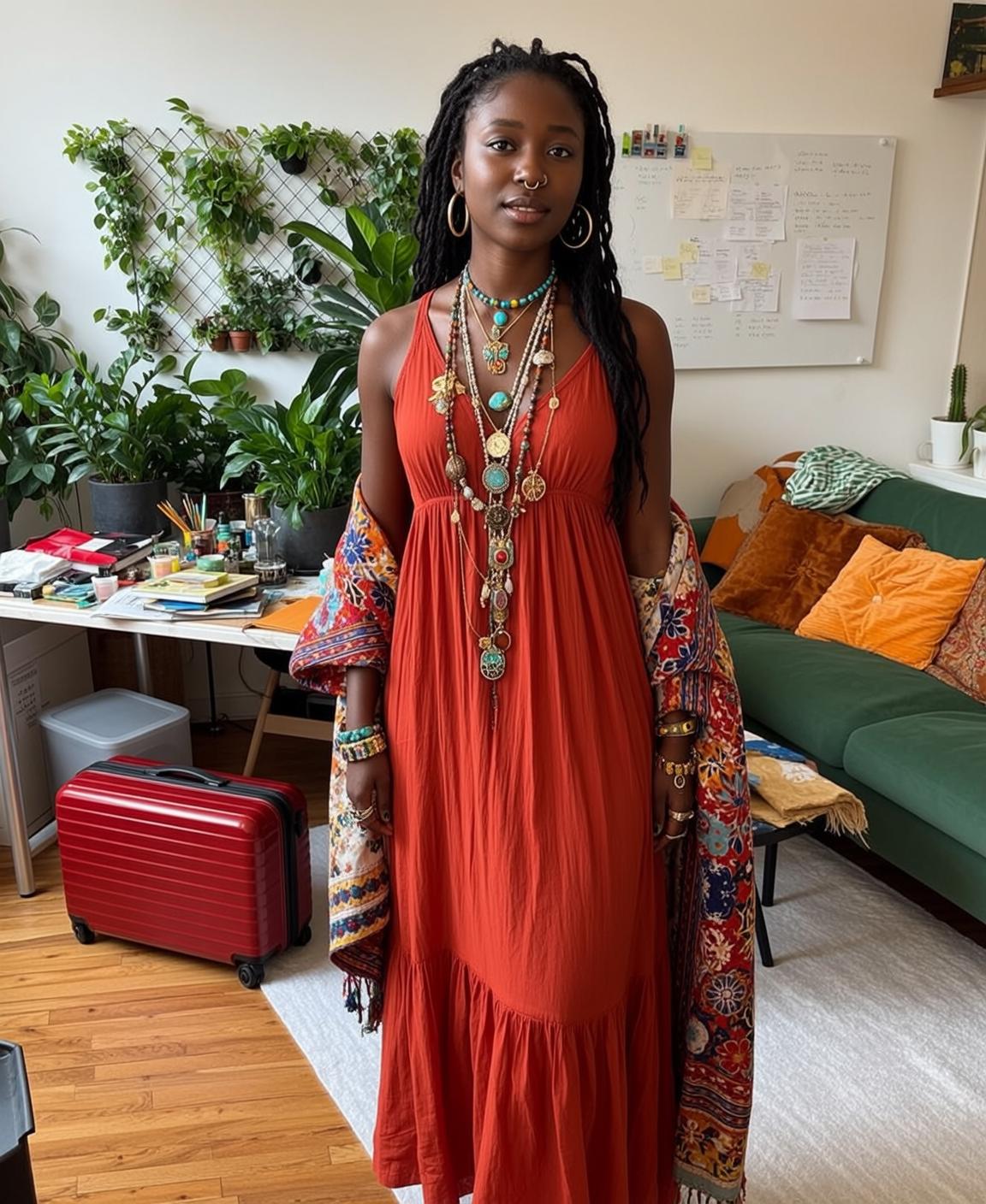 Black Woman Orange Dress Kimono Plants Wooden Floor