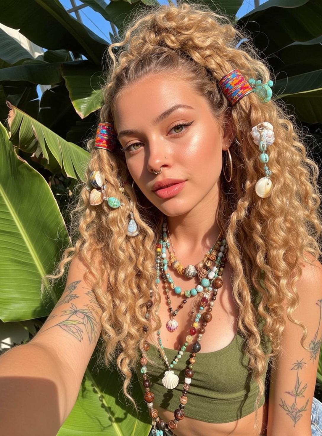 Tropical Garden Selfie Blonde Curly Hair Floral Tattoo