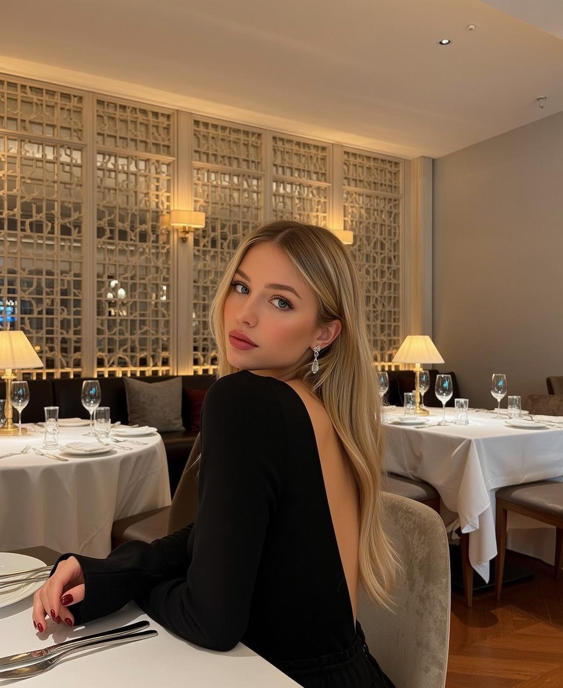 Explore Seated Table Restaurant Her Body Turned