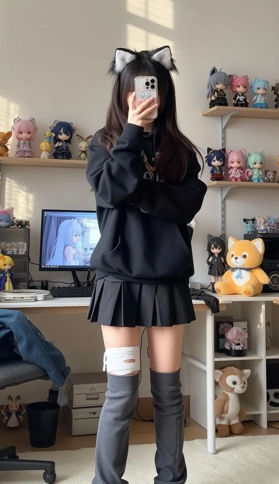 Grey Thigh Socks Black Hooded Sweatshirt Bedroom Wooden Floor Desk