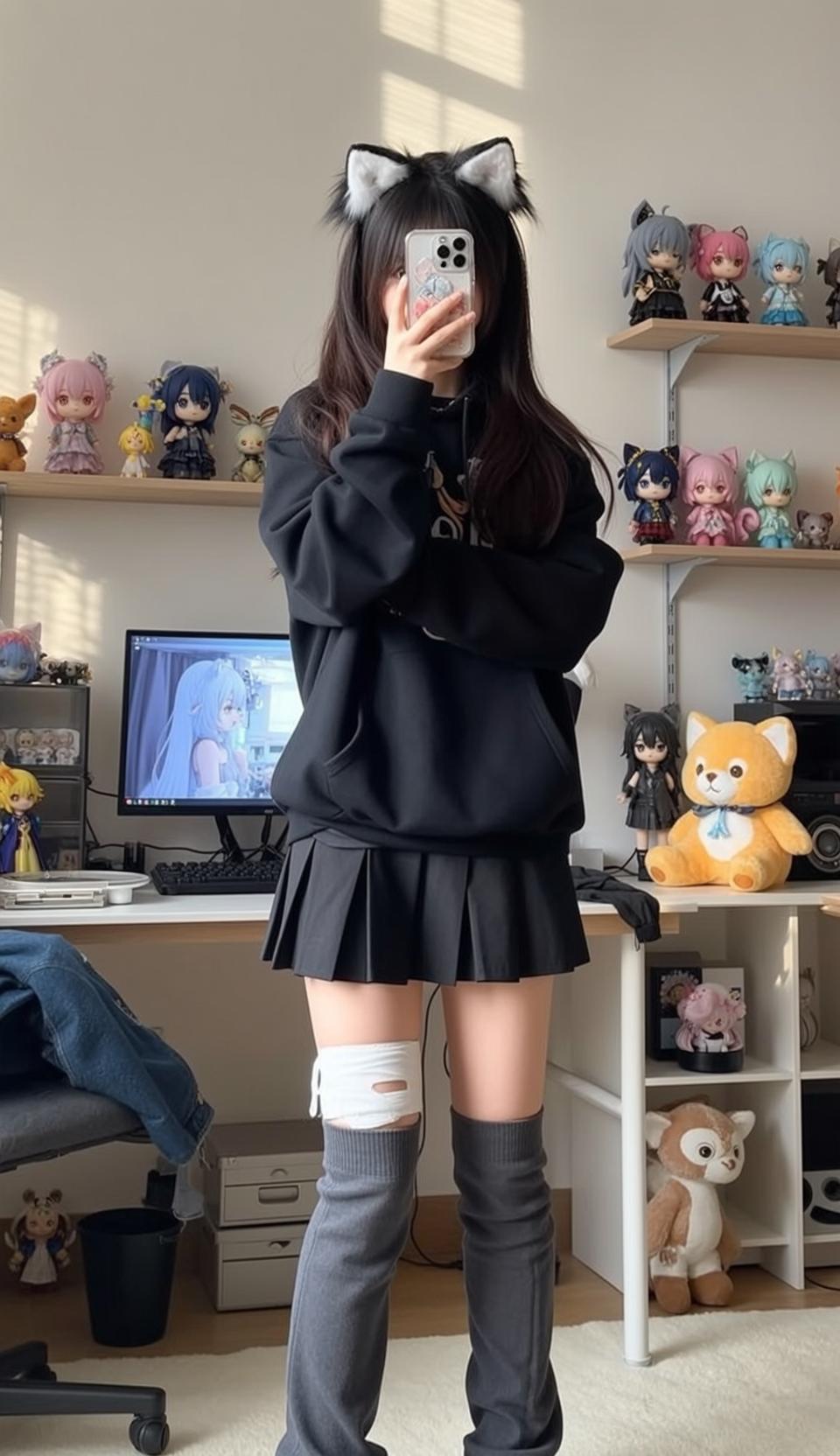 Grey Thigh Socks Black Hooded Sweatshirt Bedroom Wooden Floor Desk