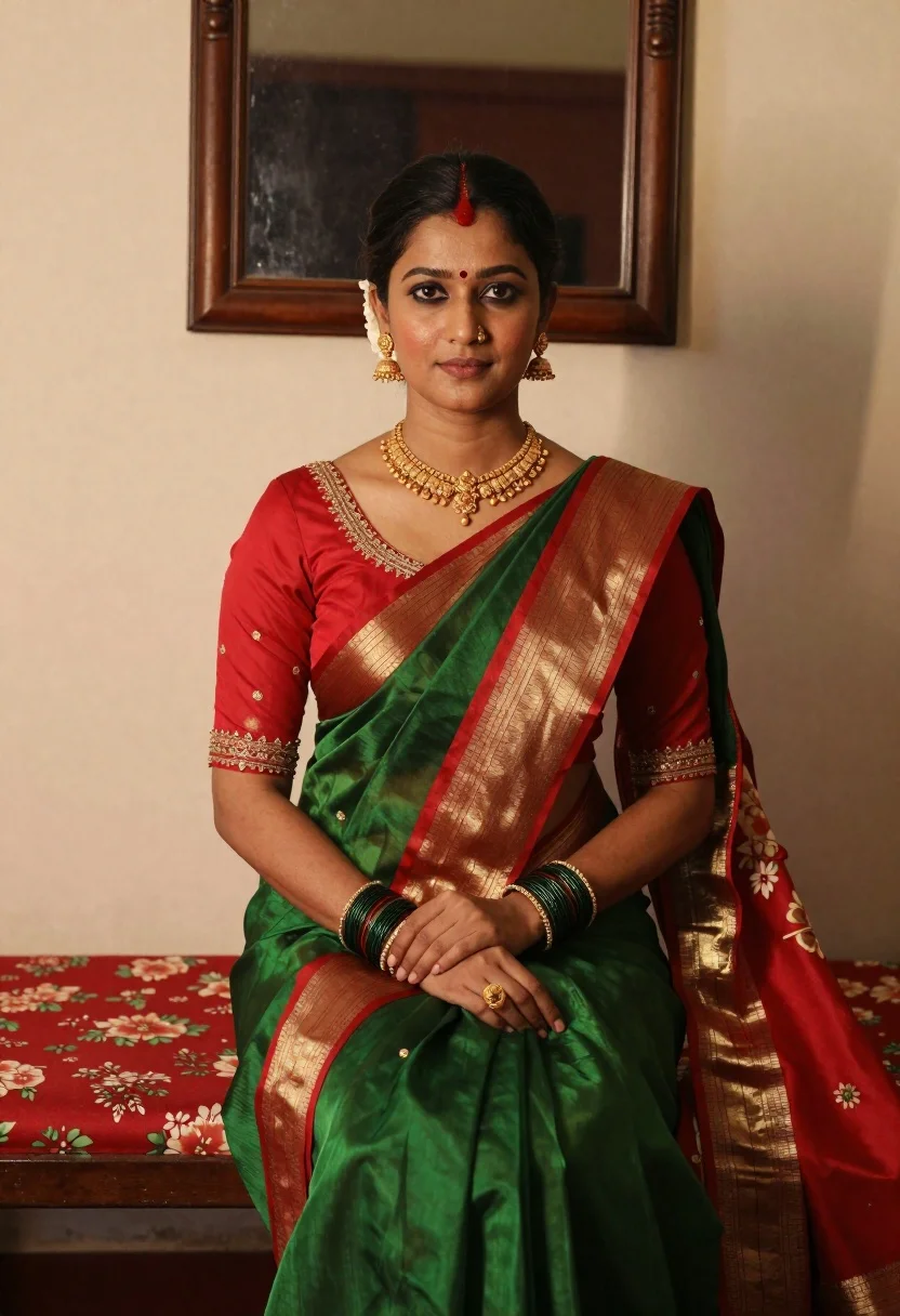Woman Sits Gracefully Portrait Pose Wearing Traditional Indian Saree With reference photo