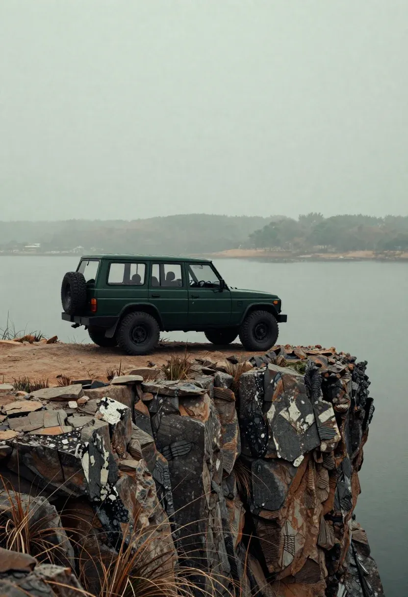 Dark Green Suv Parked Rocky Cliff Edge Overlooking Misty Lake
