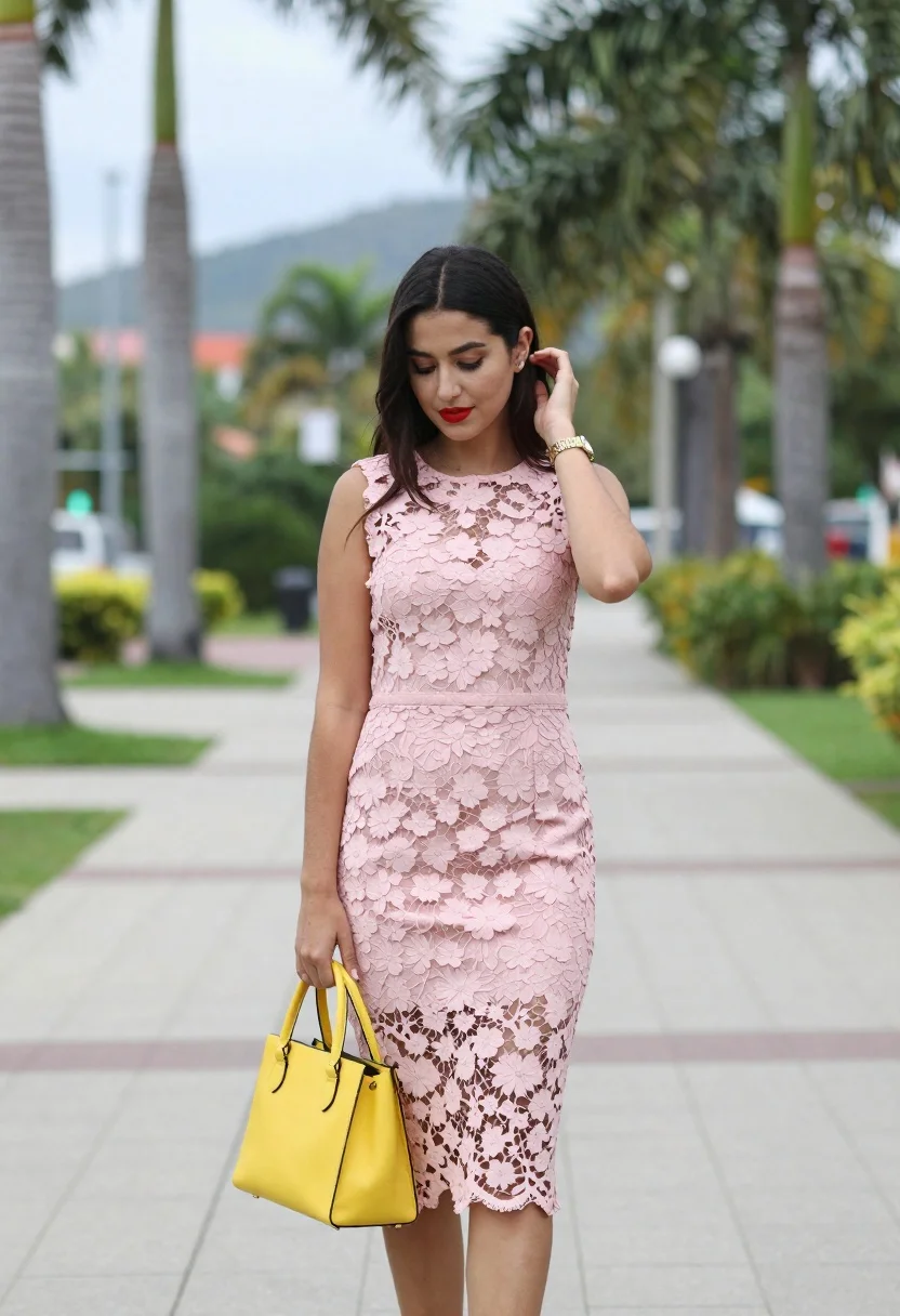Woman Stands Outdoors Paved Walkway Wearing Light Pink Lace Midi reference photo