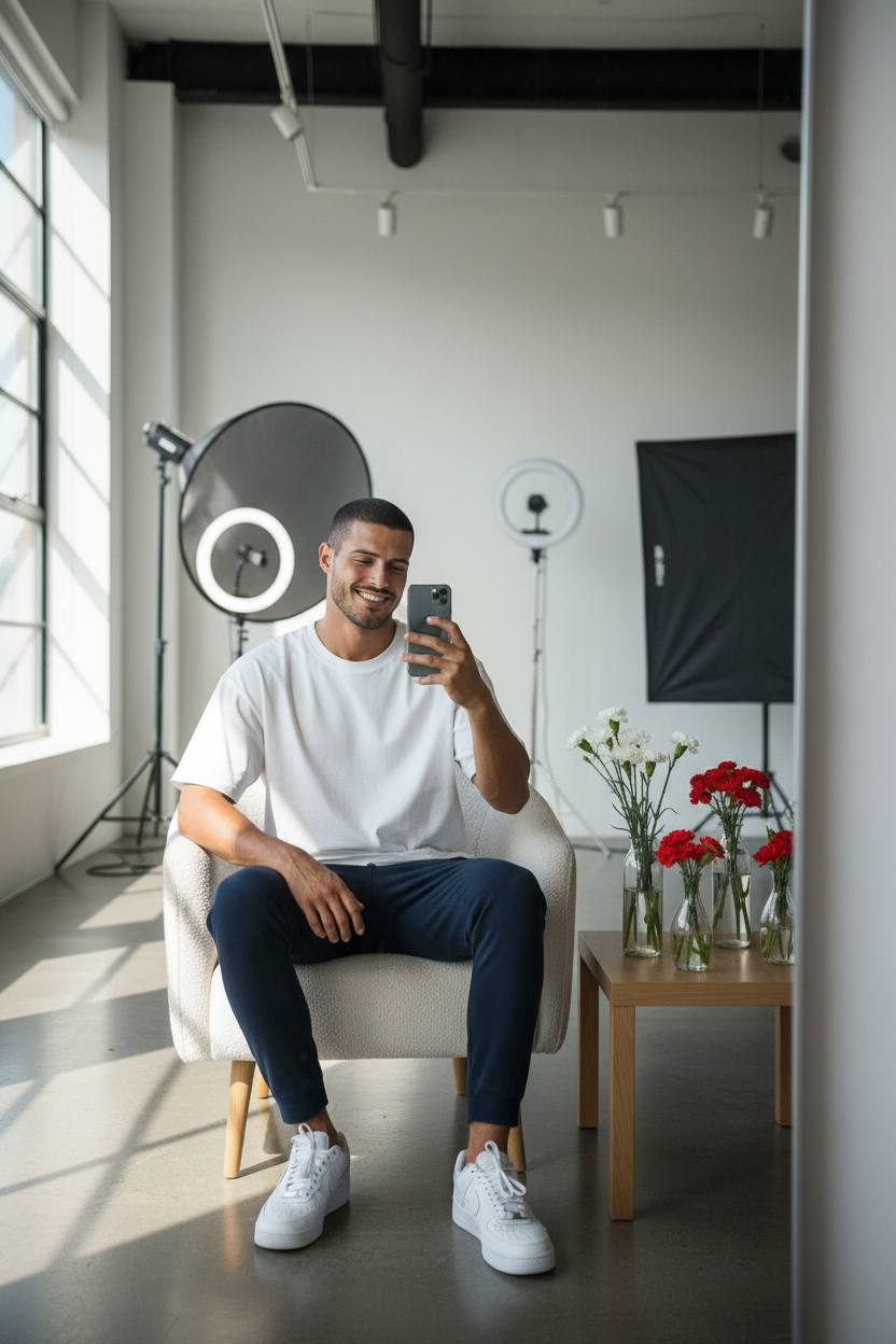 A person casually sitting in a bright studio, smiling while taking a mirror selfie, surrounded by soft shadows and flowers.