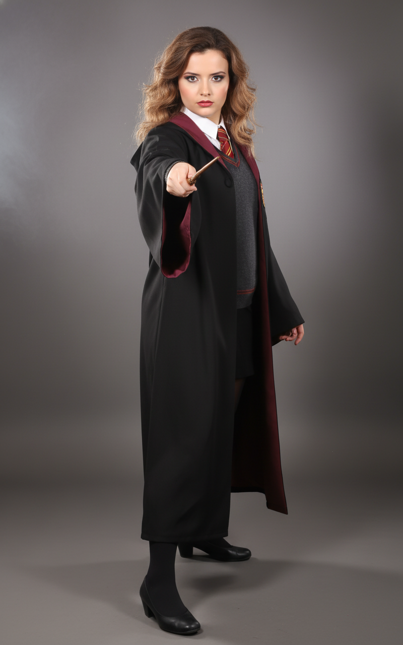 A determined female figure in a Hogwarts robe, holding a wand in a spell-casting pose with a focused expression.