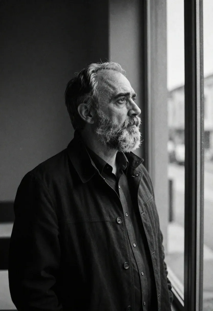Contemplative Portrait Middle-aged Man With Short Hair And Full Beard