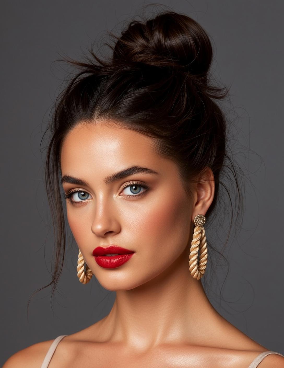 Photorealistic Portrait Young Woman With Striking Blue Eyes And Dark