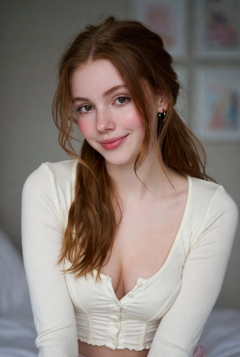 A soft, inviting bedroom portrait of a young woman with long chestnut hair, gentle smile, and natural makeup, illuminated by diffused daylight.