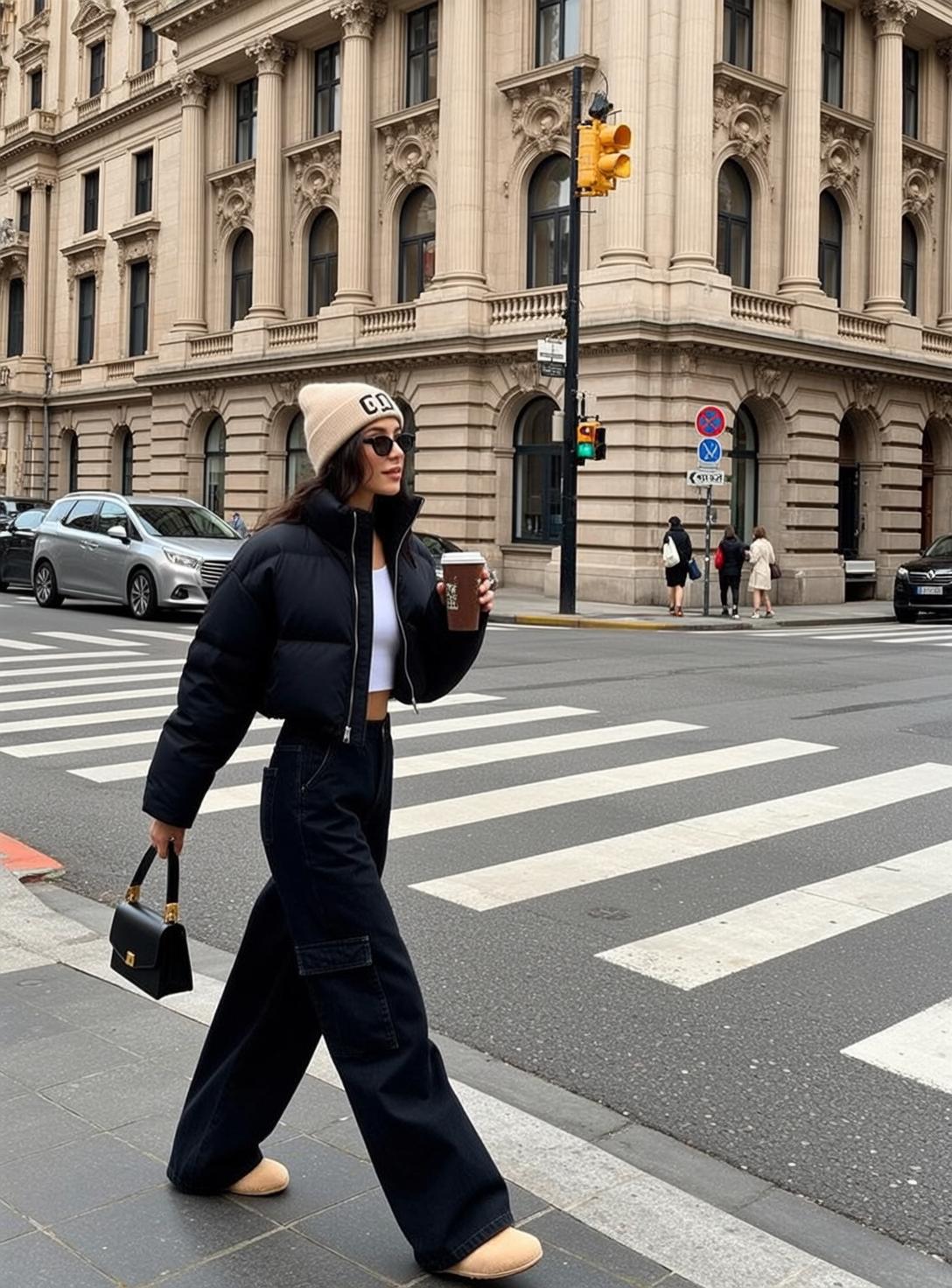 Acubi Walks Crosswalk Holding Disposable Coffee Cup