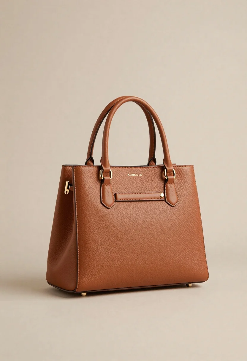 Structured Studio Product Shot Sophisticated Tan Leather Handbag Standing Upright