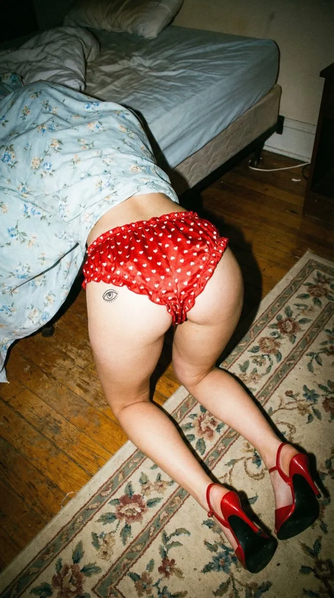 Floral Dress Red Heels Rumpled Bed Low Angle