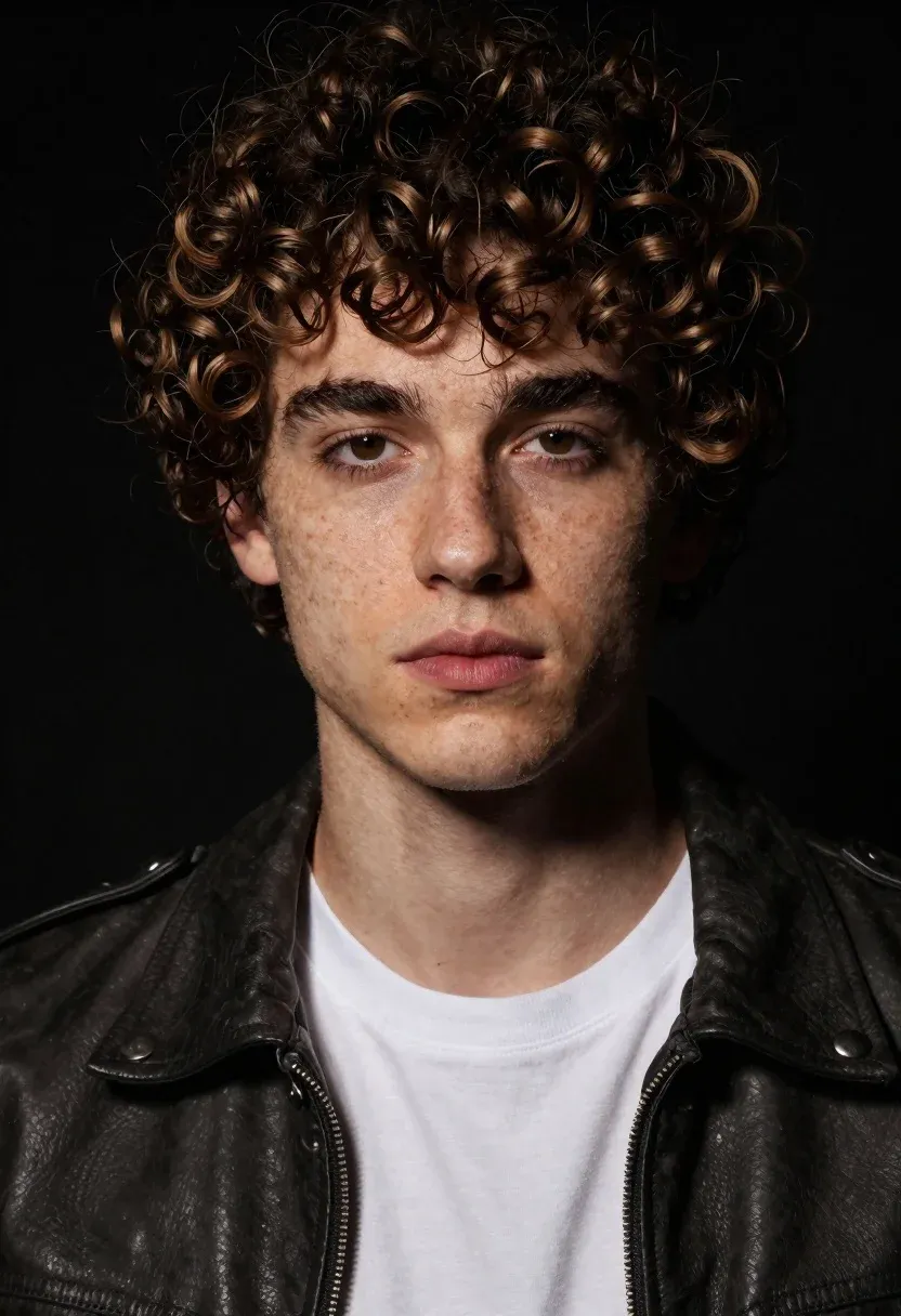 Portrait Young Man With Curly Wavy Brown Hair And Freckles