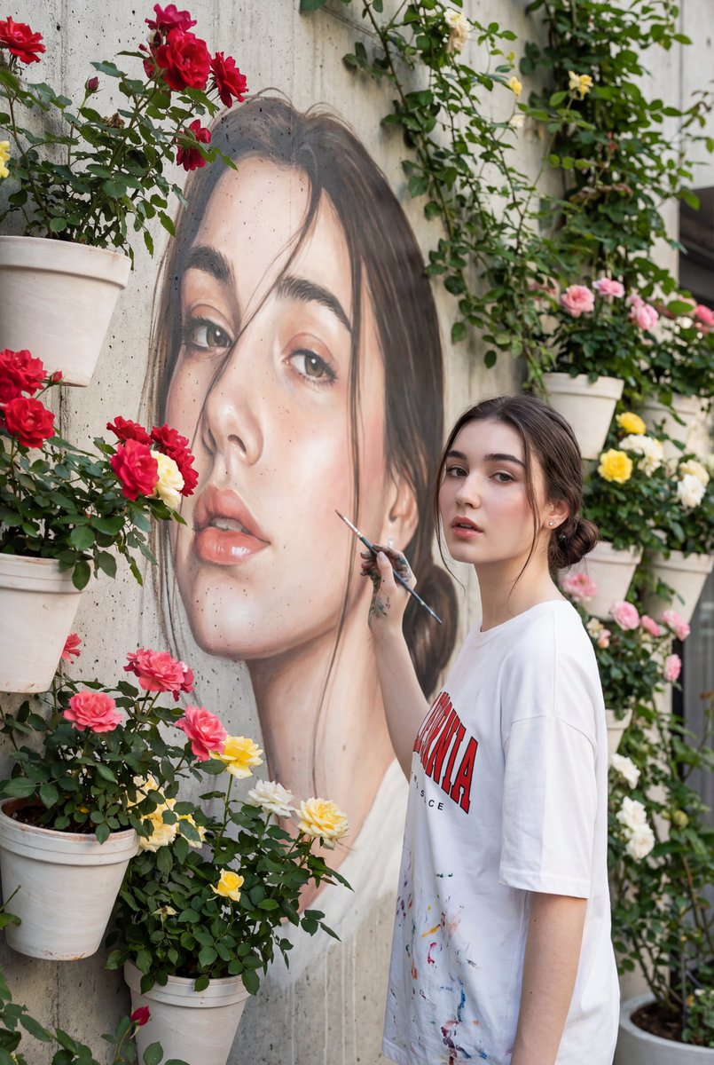 A person painting a large mural of their own face in a cozy cafe, surrounded by colorful rose pots and vibrant climbing plants.