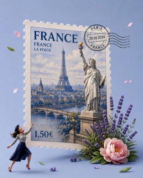 A realistic studio photo of a postage stamp featuring the Statue of Liberty, Eiffel Tower, and lavender flowers on a light blue surface.