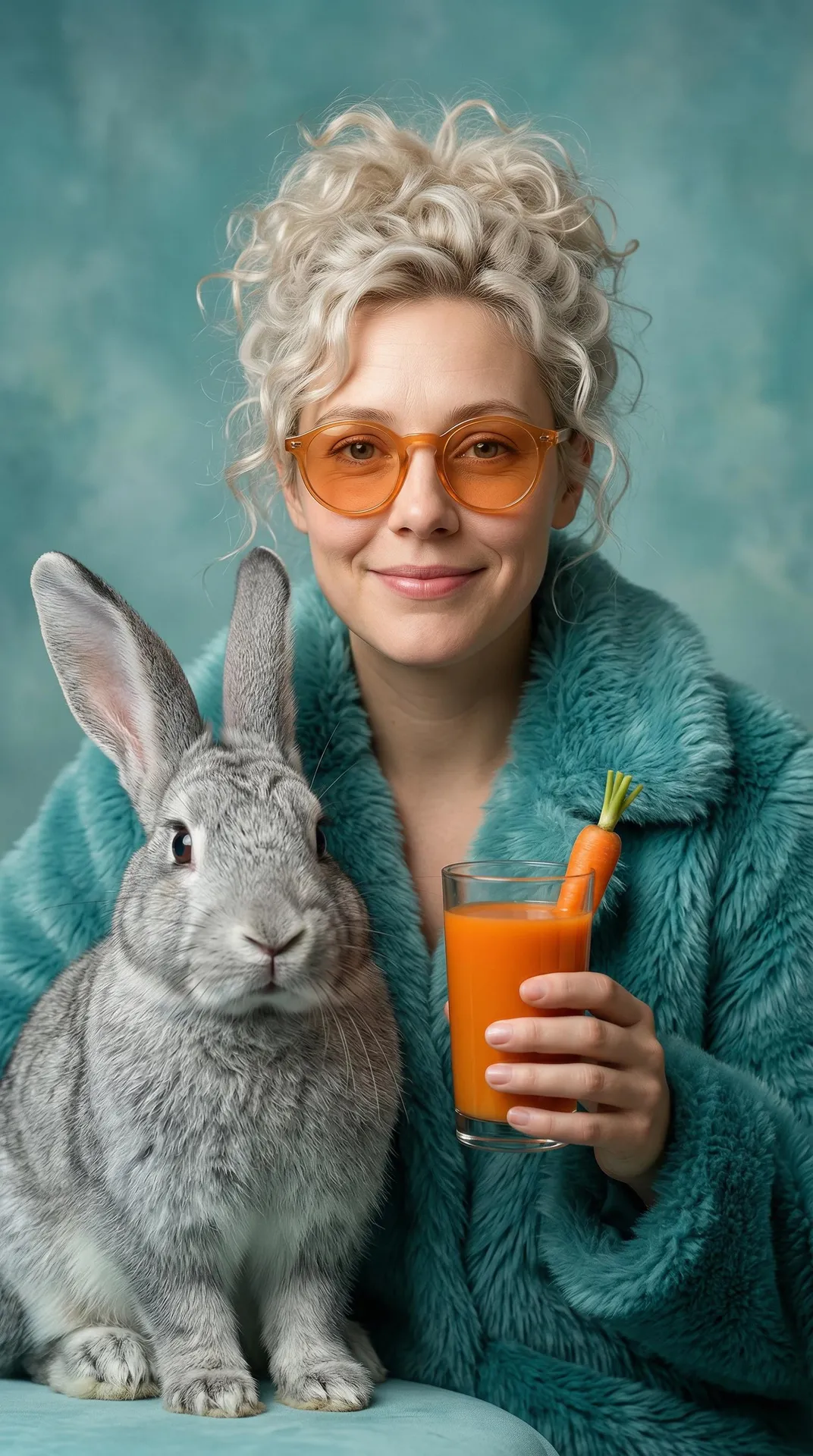 Teal Fur Coat Orange Glasses Gray Rabbit Carrot Juice