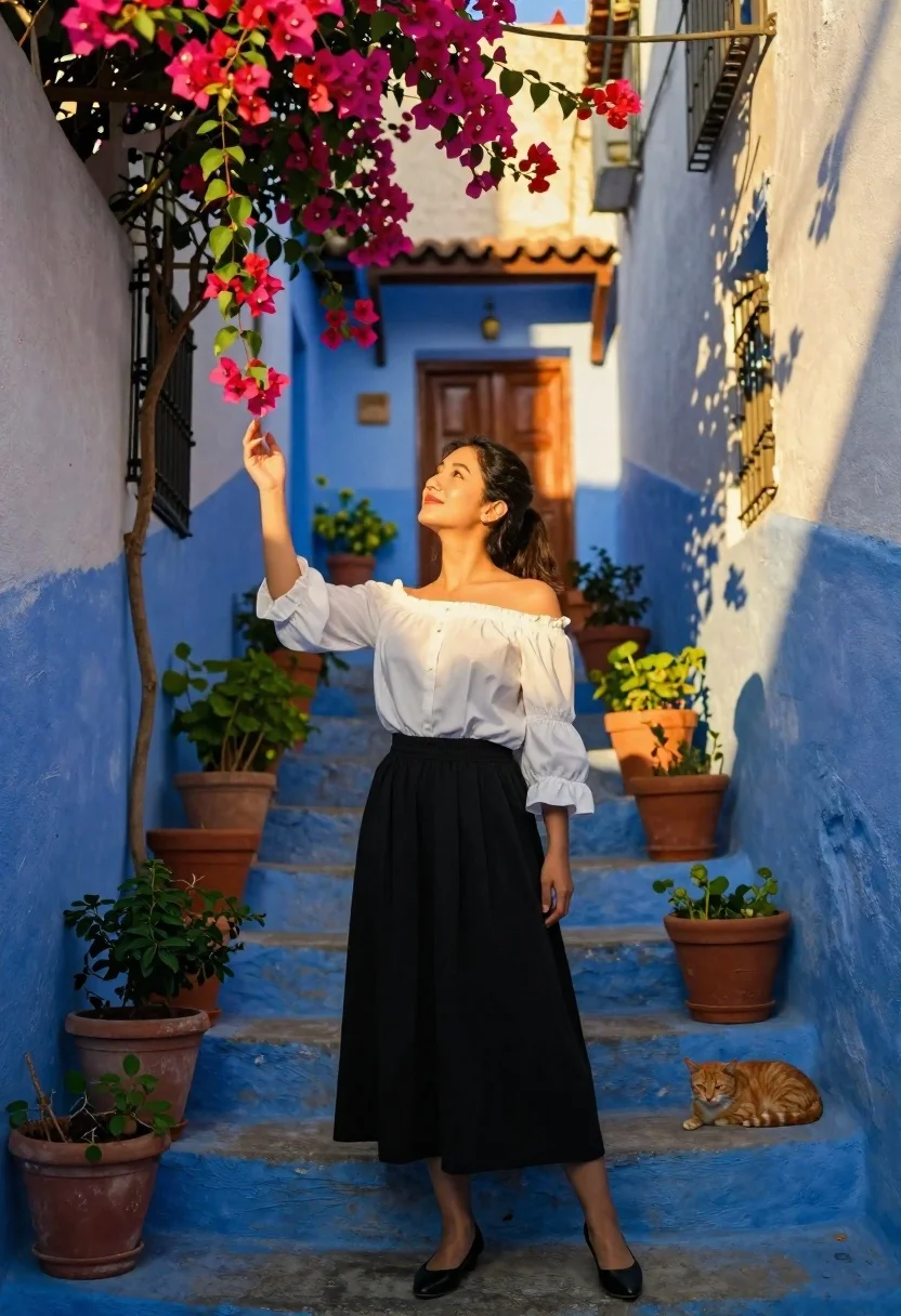 Cinematic Portrait Woman Standing Blue-painted Stone Steps Narrow Alleyway Bathed reference photo
