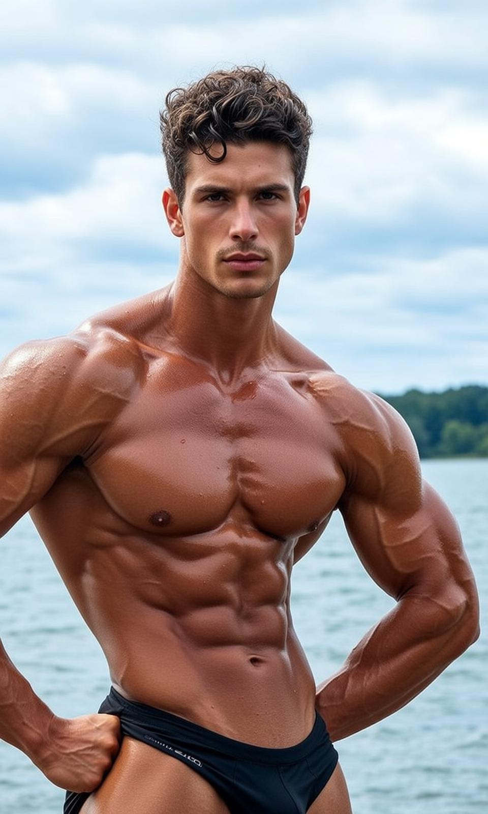 Muscular Dark Curly Hair Tanned Skin Black