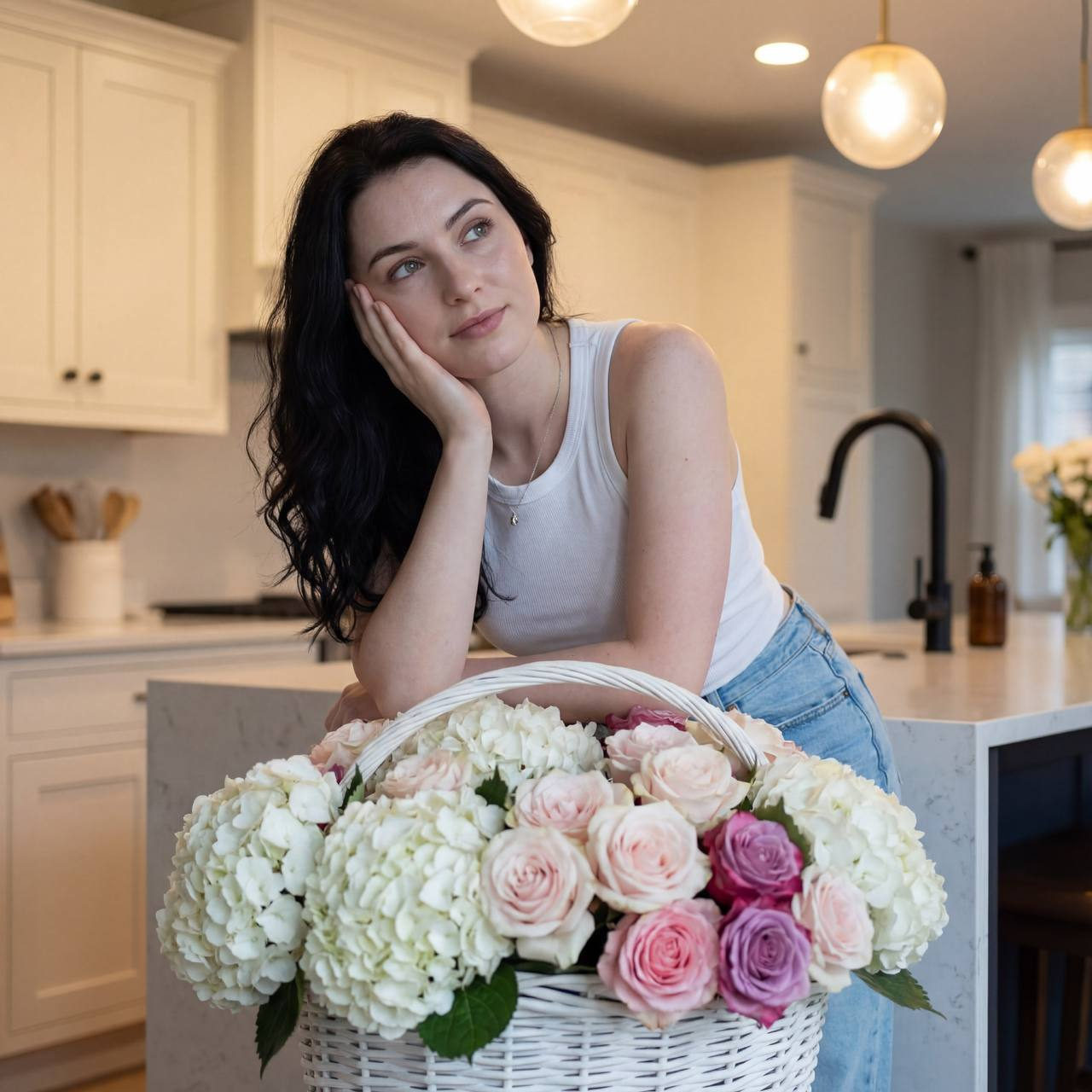 A young girl in a cozy beige kitchen, leaning on a counter with a dreamy gaze, surrounded by flowers in a wicker basket.