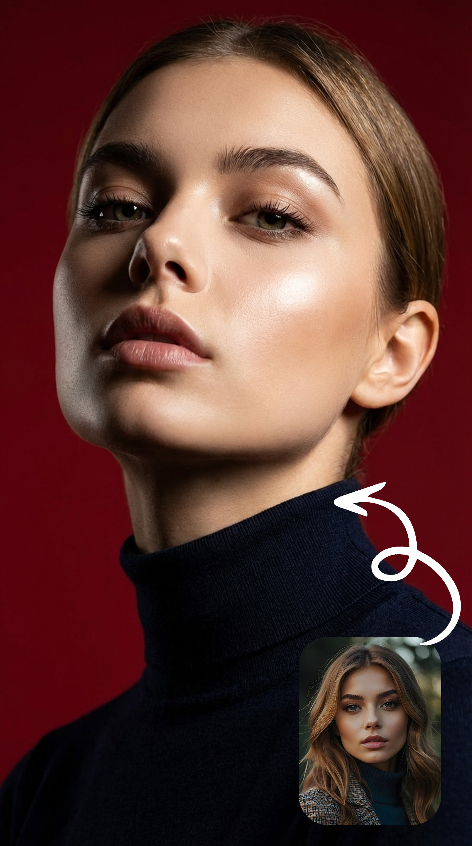 A striking vertical portrait featuring dramatic lighting that highlights the model's jawline against a crimson background.