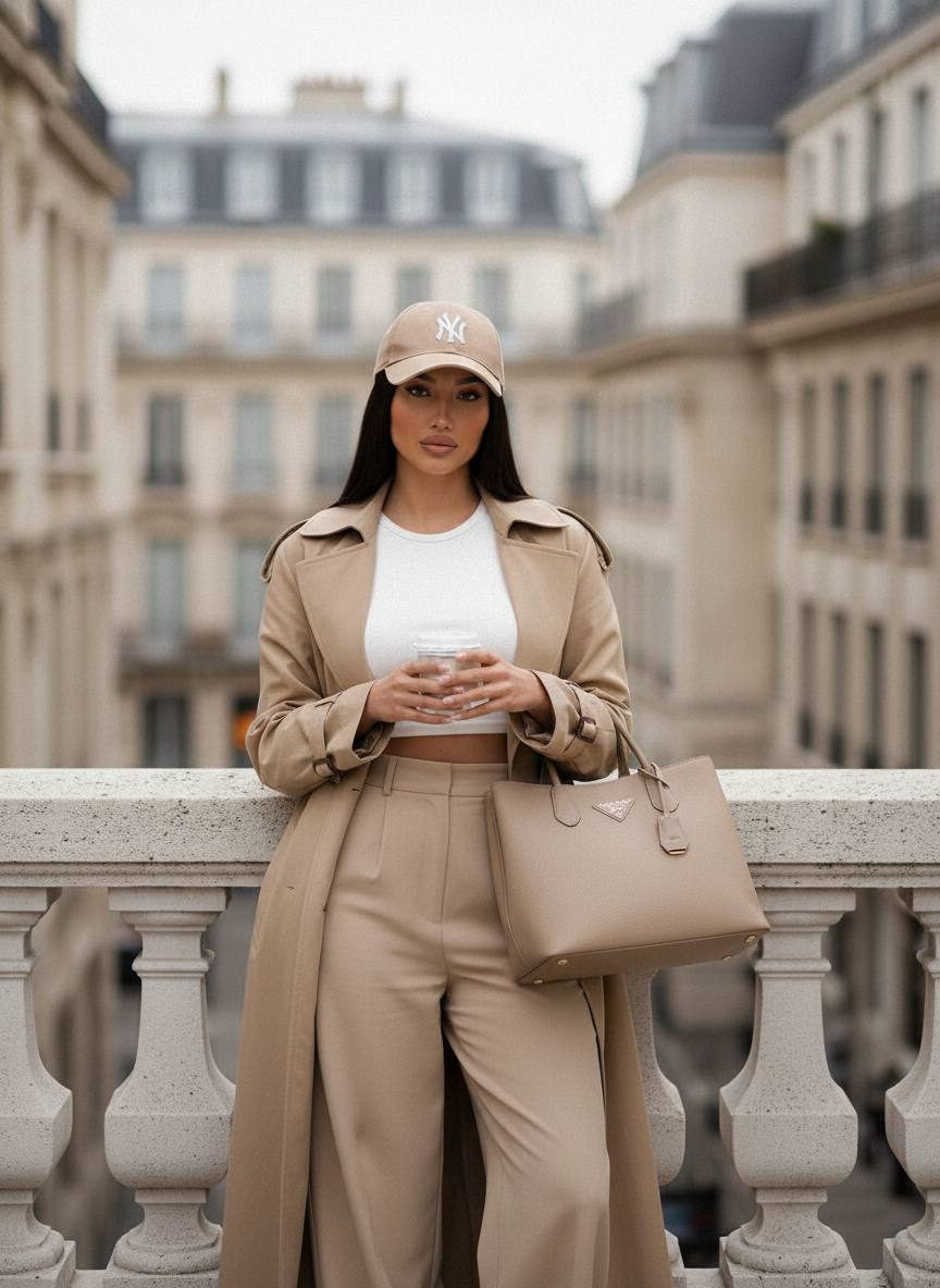 A woman in beige wide-leg trousers and a sand trench coat leaning against a stone balcony, holding a coffee cup.
