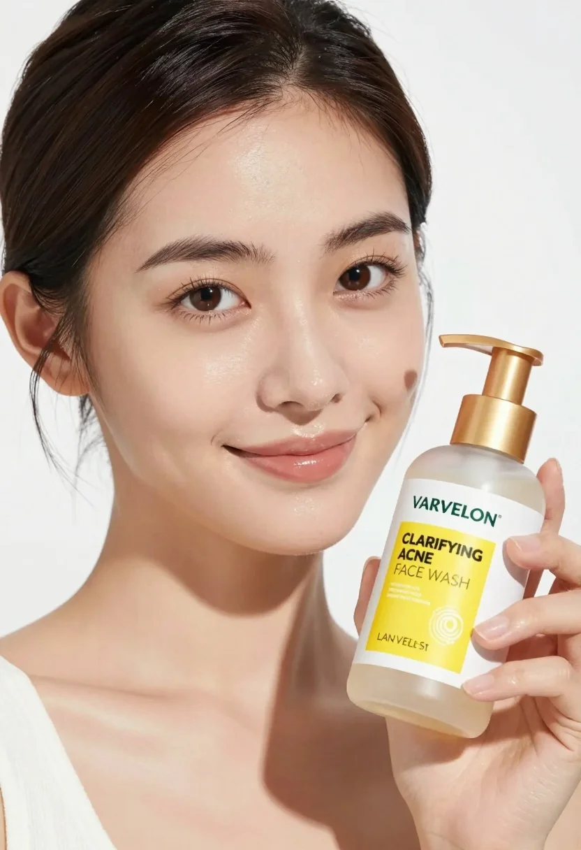 A close-up portrait of a woman with glowing skin, holding a face wash bottle with a white label and gold cap.
