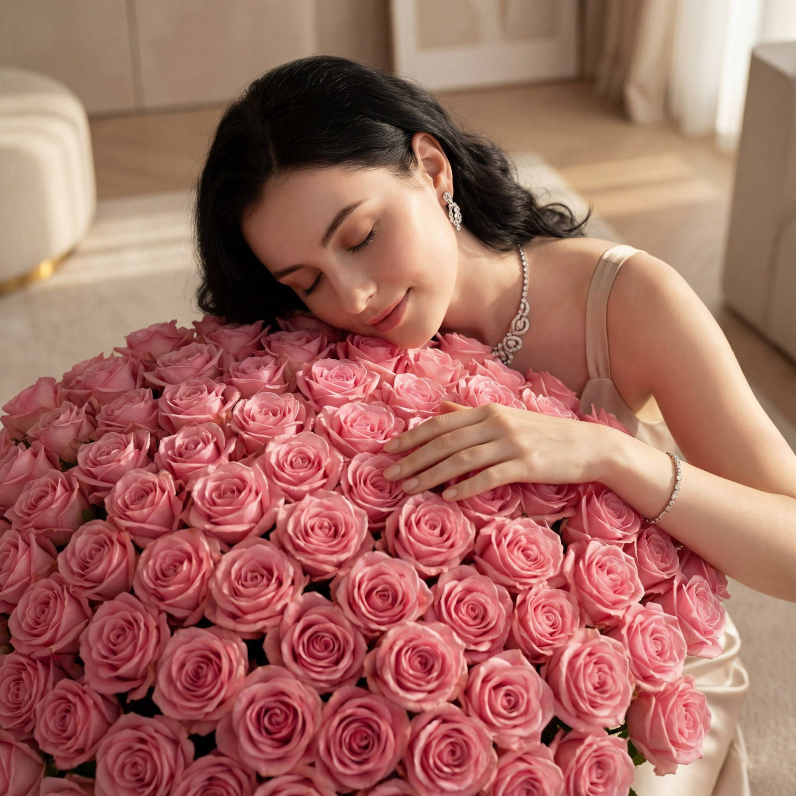 A serene woman leaning over a massive bouquet of pink roses in a softly lit luxury apartment.