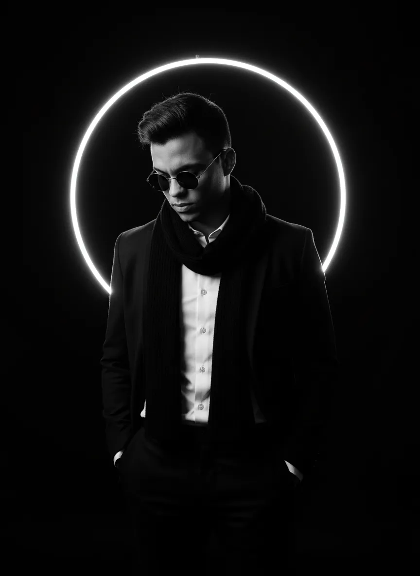 Monochrome Editorial Portrait With Neon Accent