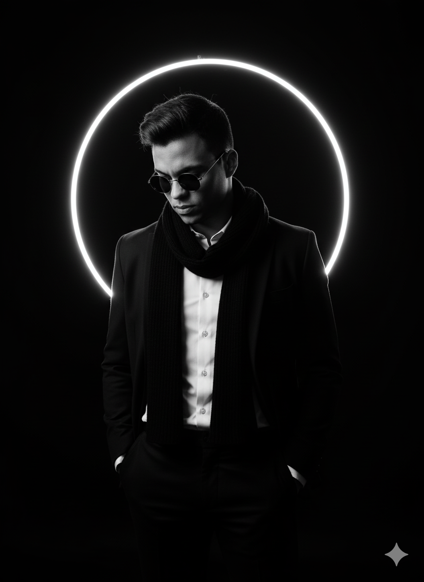 Modelo elegante em pé, com camisa branca e lenço preto, sob luz dramática e um círculo de neon brilhante.