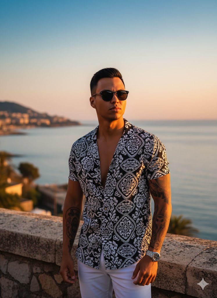 Modelo masculino em pé com camisa estampada preta e branca, calça branca e óculos escuros, em frente a um muro de pedra durante o pôr do sol.