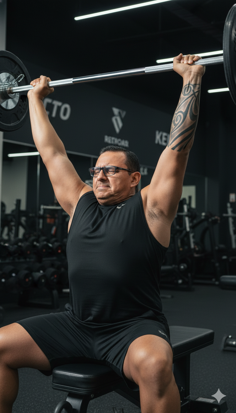 Hombre levantando pesas en un gimnasio moderno, con expresión intensa y tatuaje visible.