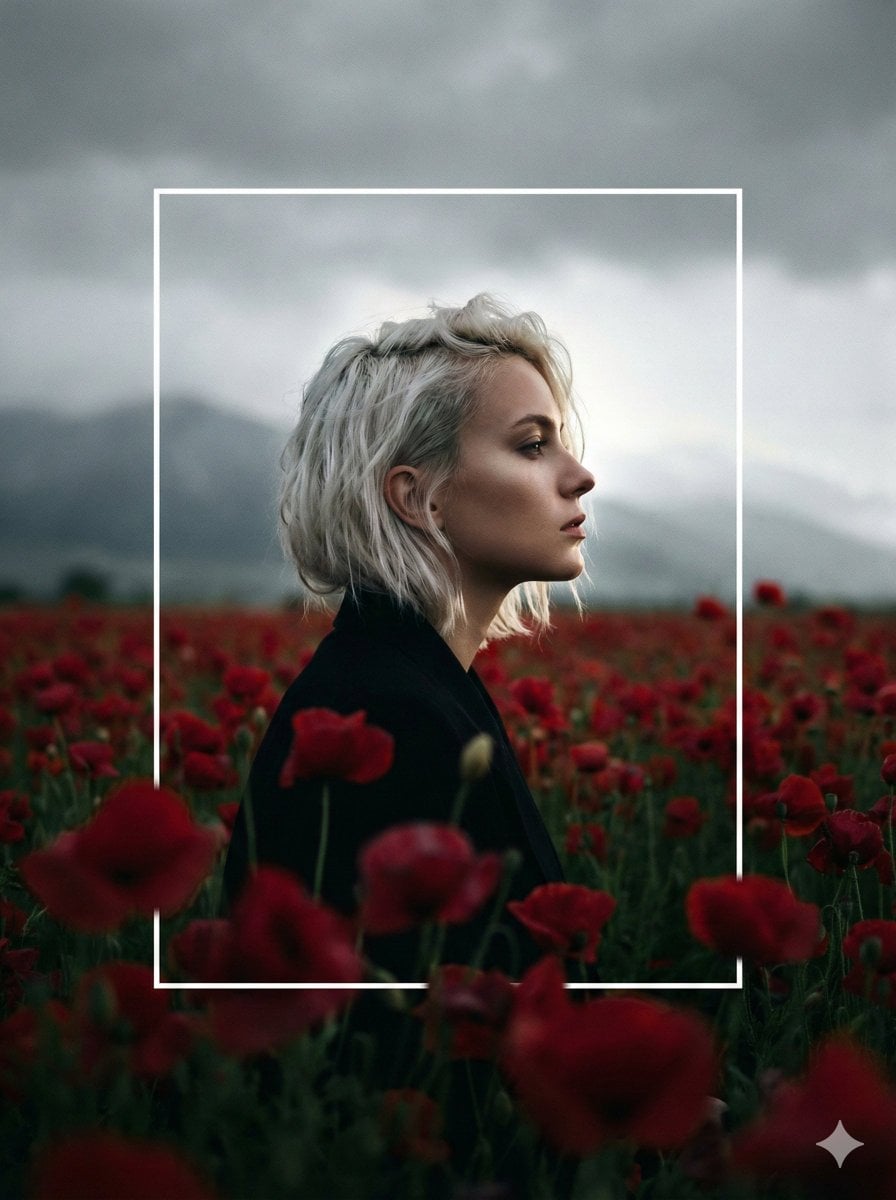 Crimson Flower Field Cinematic Profile Portrait Soft Light
