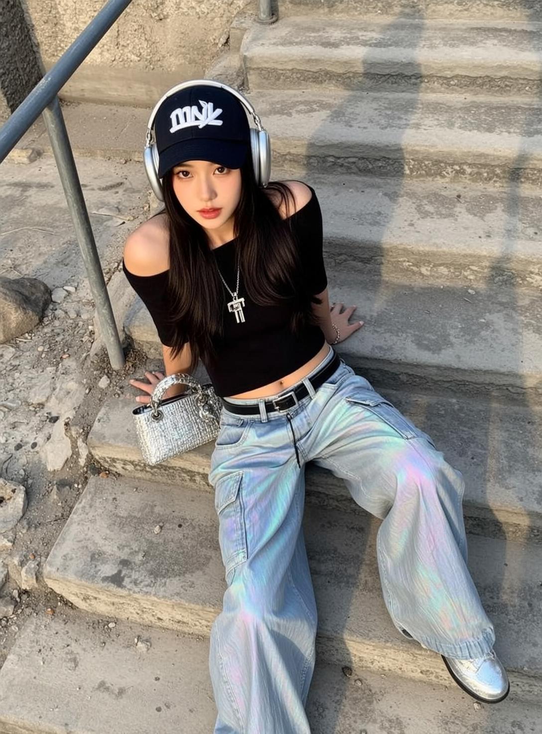 Asian Woman Concrete Stairs Black Crop Top Blue Pants