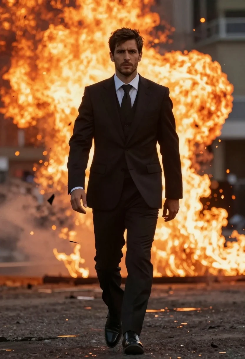 Confident Man Dark Three-piece Suit Walks Forward With Large Explosion