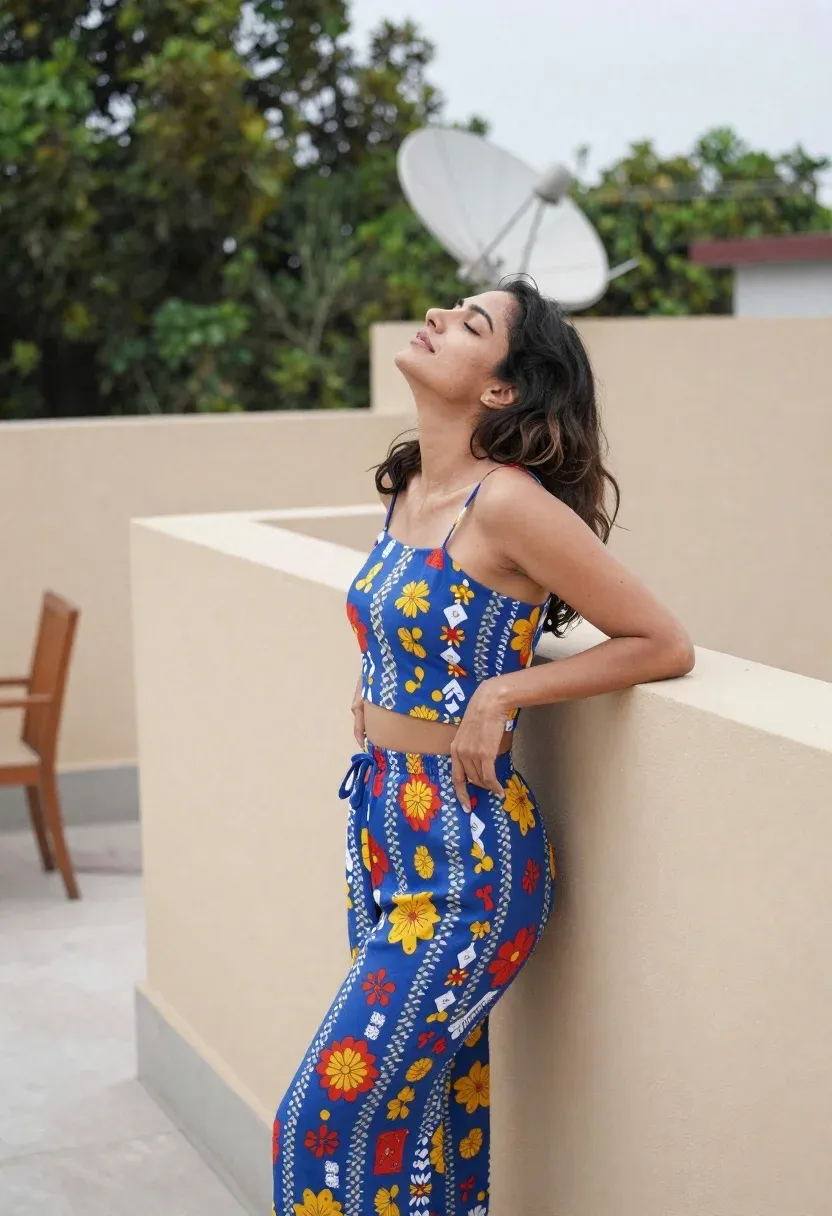 Woman Stands Rooftop Terrace With Her Eyes Closed And Head