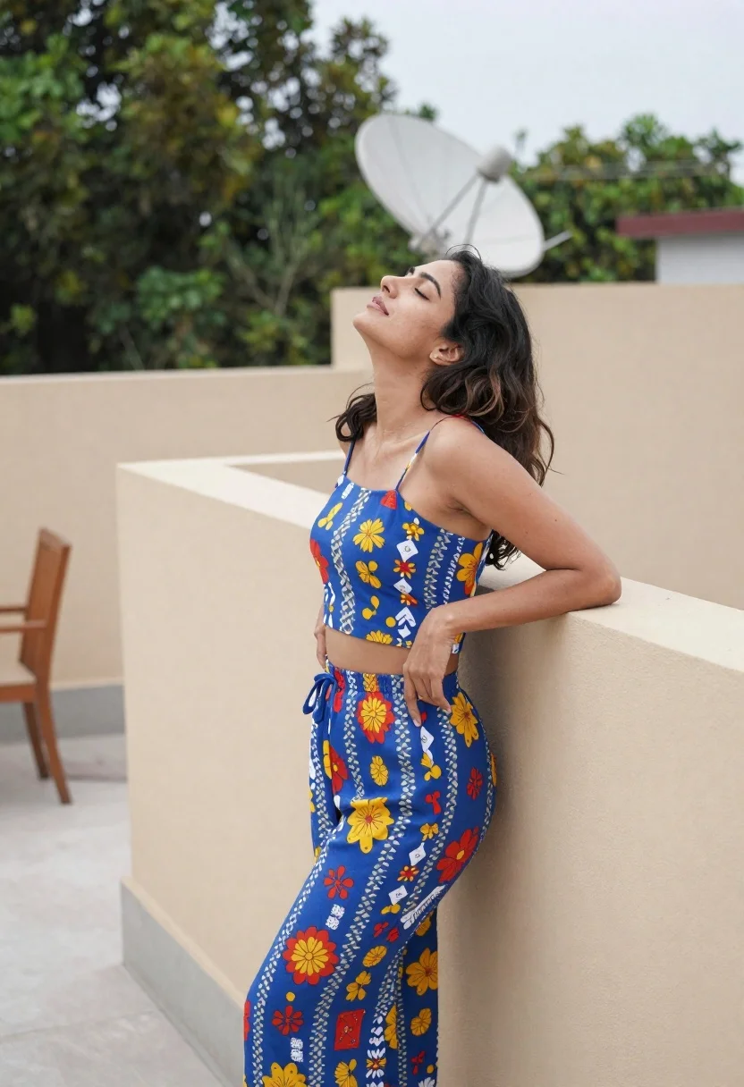 Woman Stands Rooftop Terrace With Her Eyes Closed And Head reference photo