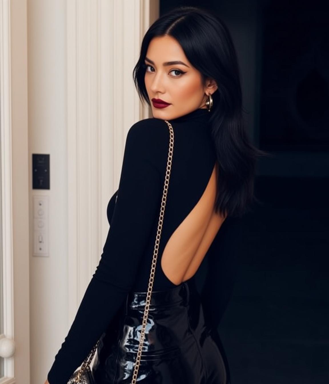 Black Turtleneck Patent Leather Pants Indoors