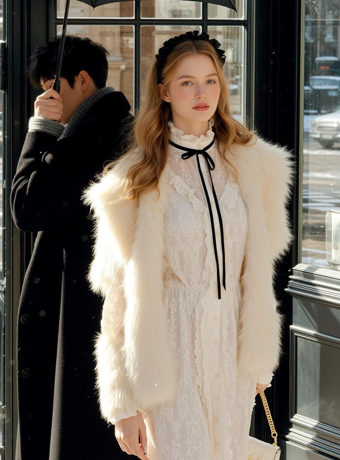 Cream Lace Fur Jacket