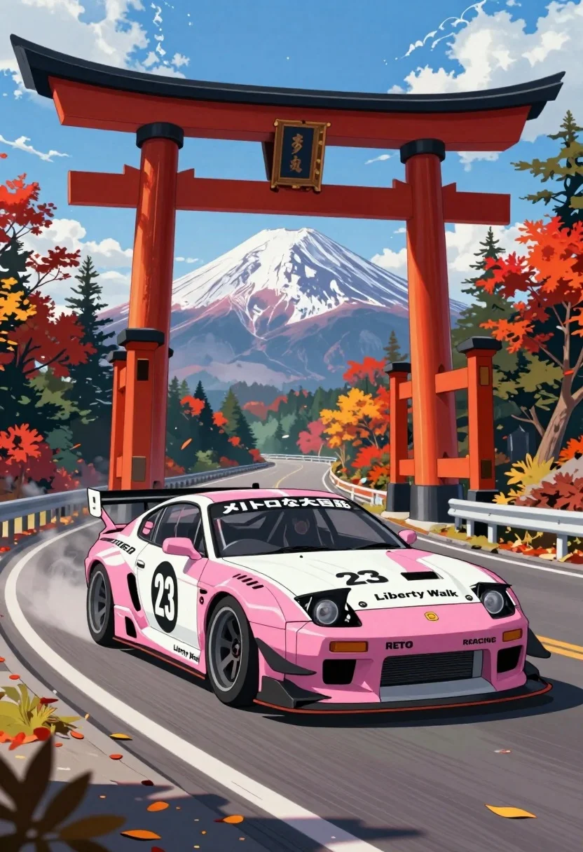 Vibrant Anime-style Illustration Pink And White Modified Sports Car Driving