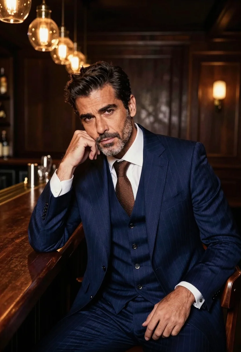 Cinematic Portrait Handsome Man His Late Thirties Sitting The Bar reference photo