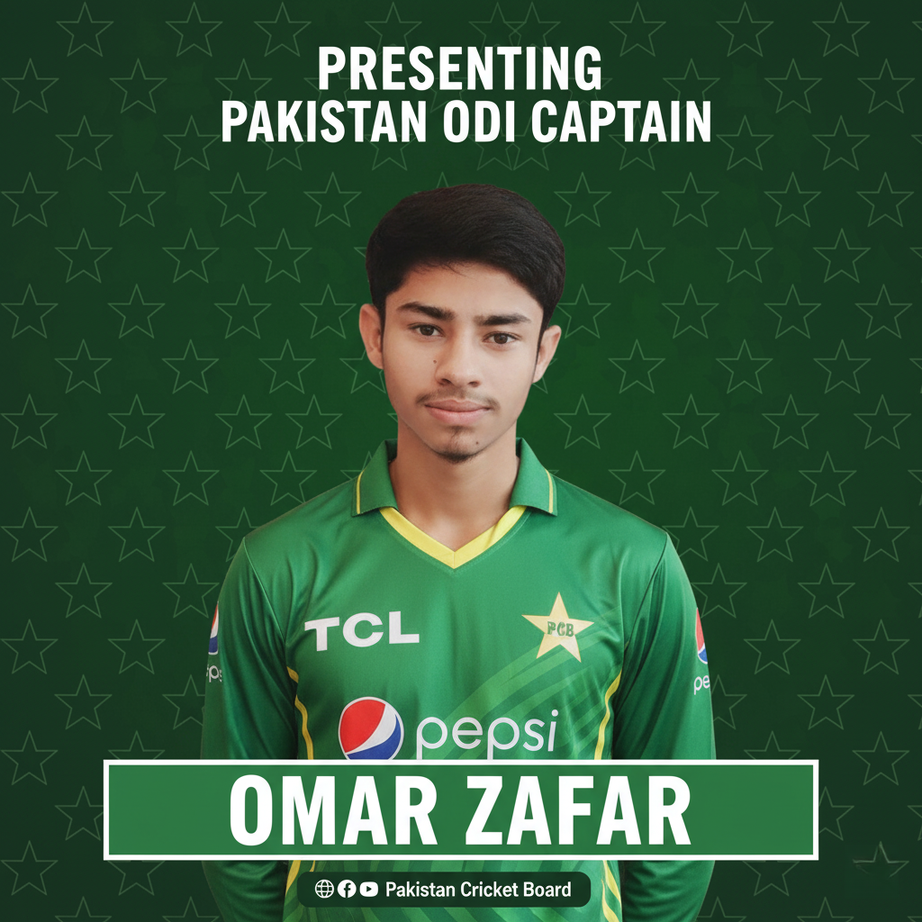 A promotional poster featuring a confident male cricket player in a green jersey with team logos on a dark green background.