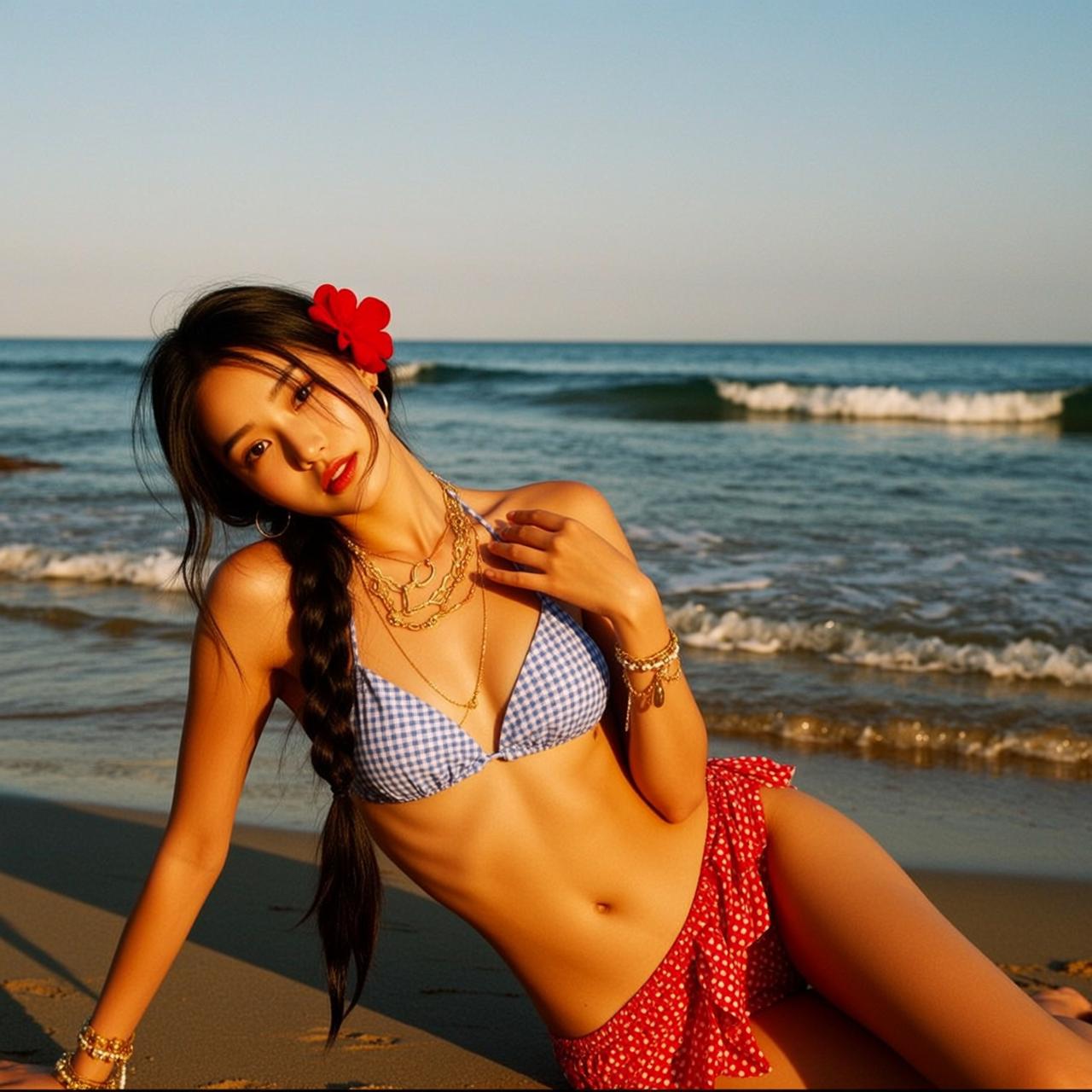 Checkered Bikini Sand Recline Look