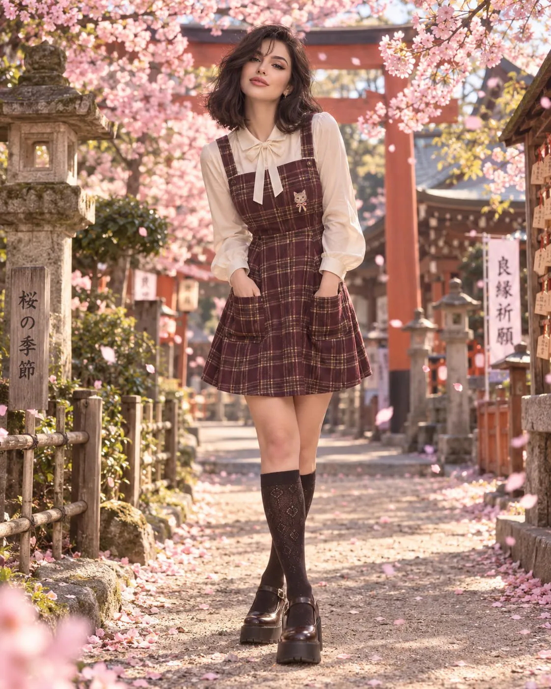 Anime Portrait Woman Shrine Cherry Blossoms Falling Petals