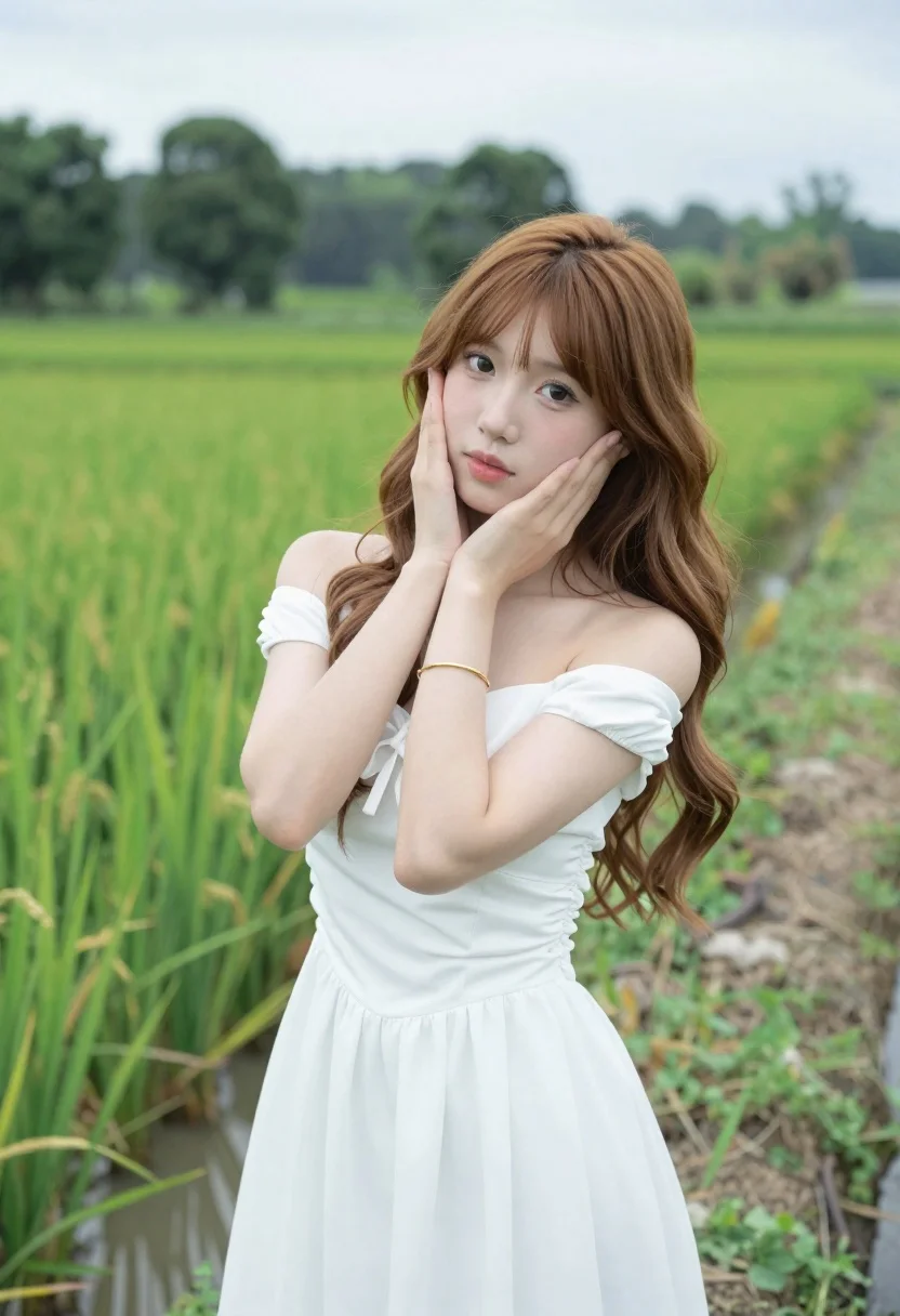 Young Woman With Long Wavy Light Brown Hair Stands Lush reference photo