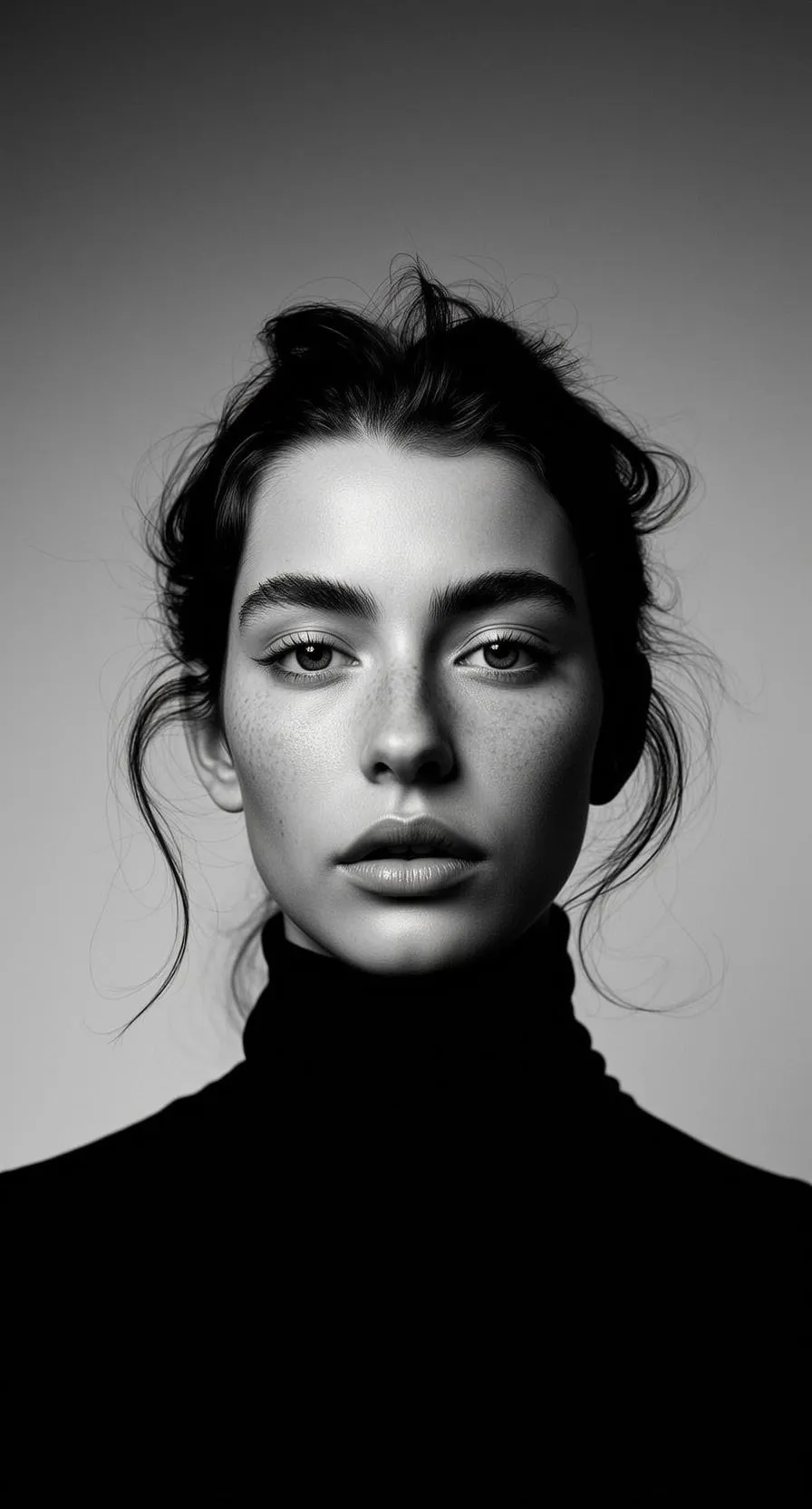 Vertical Photorealistic Portrait Young Woman With Dark Messy Hair Pulled